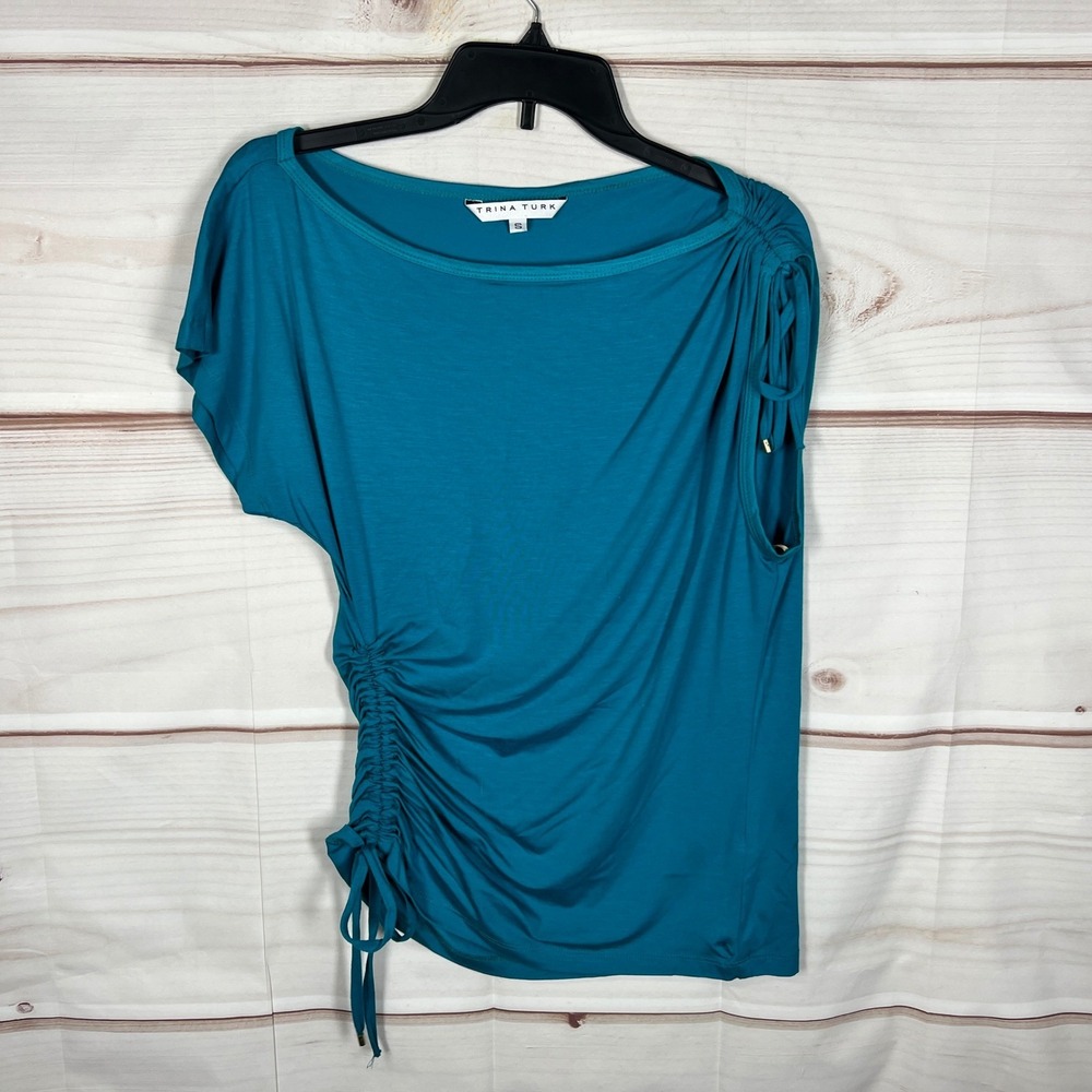 Trina Turk Ruched Top Womens Small Teal Solid Asymmetrical Sleeve Blouse Knit